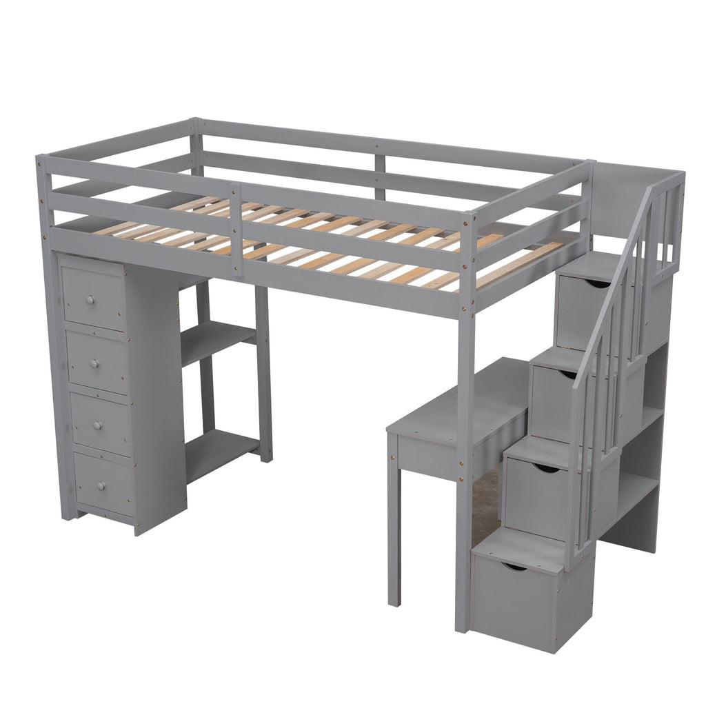 Loft Bed With Storage Drawers, Desk And Stairs With Shelves