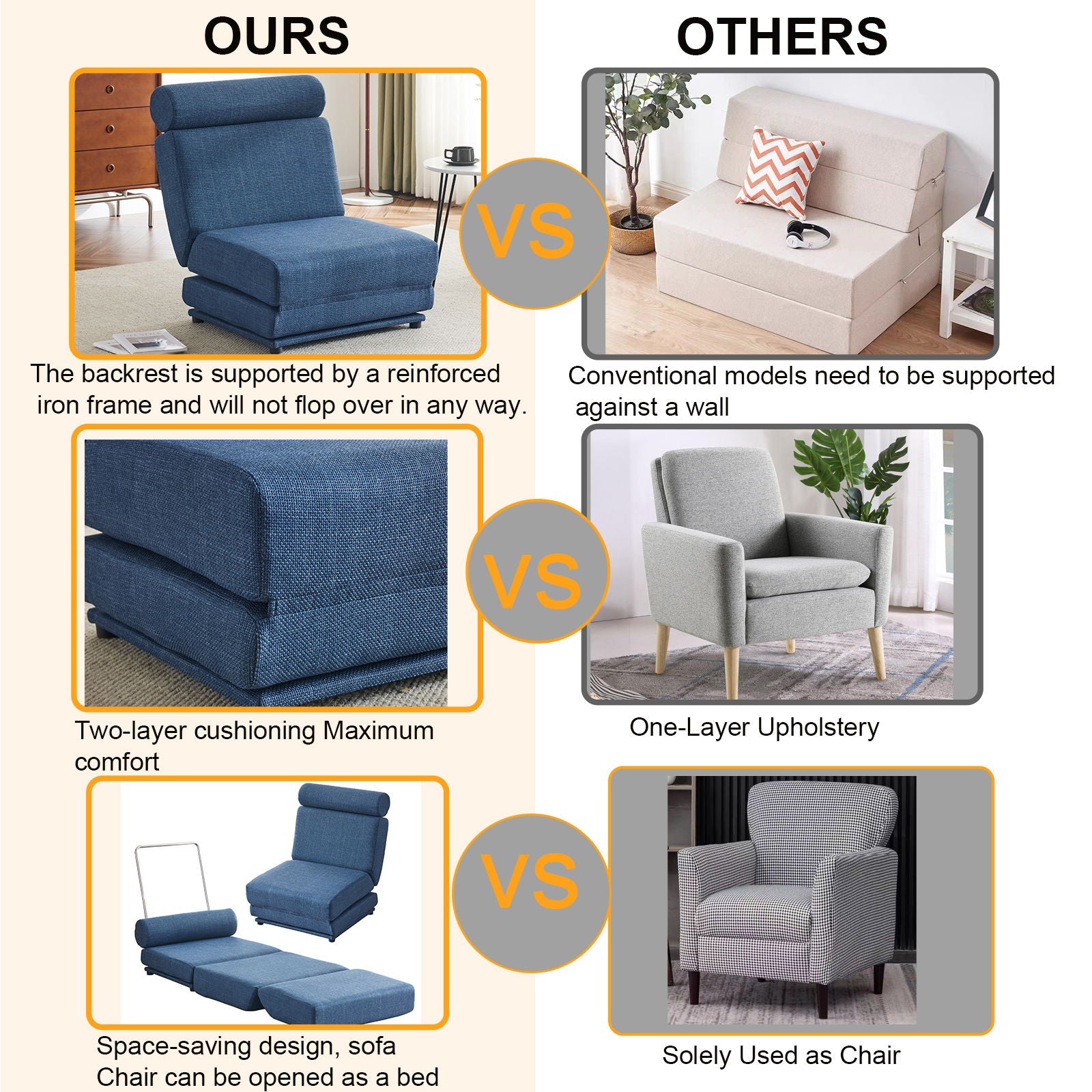 Foldable Single Chair Sofa Bed With Pillow, Easy To Store, Breathable And Wearable