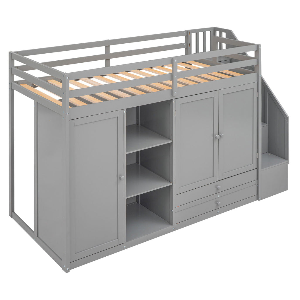 Loft Bed With 3 Shelves, 2 Wardrobes, 2 Drawers, Ladder Storage