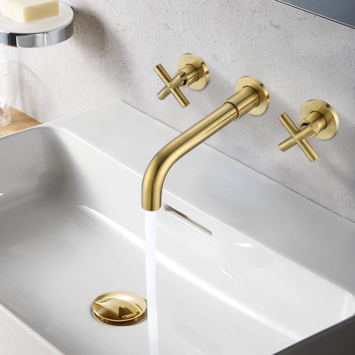 Wall Mounted Dual Handle Bathroom Sink Faucet with Pop-Up Drain (No Overflow)
