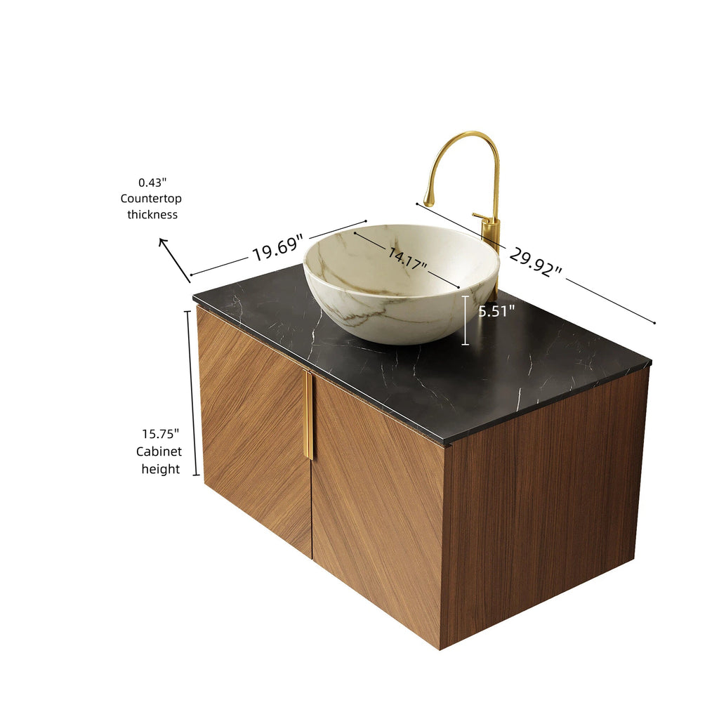 ARAI 30" Bathroom Vanity & Sink, Floating Plywood Storage Cabinet