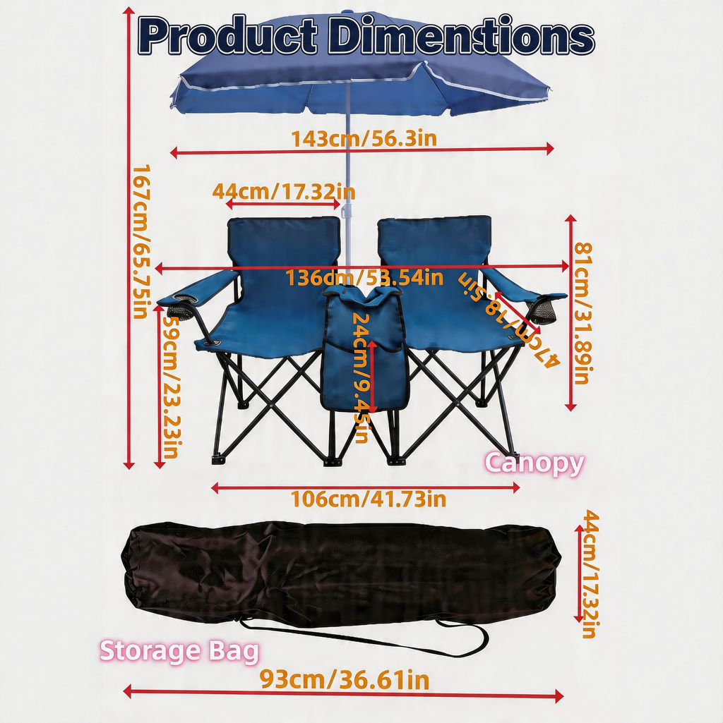 Portable Double Folding Beach Chair Set with Umbrella, 2-Person Outdoor Camping Chair with Cup Holders, Foldable Patio Chair for Picnic, Backyard, Travel
