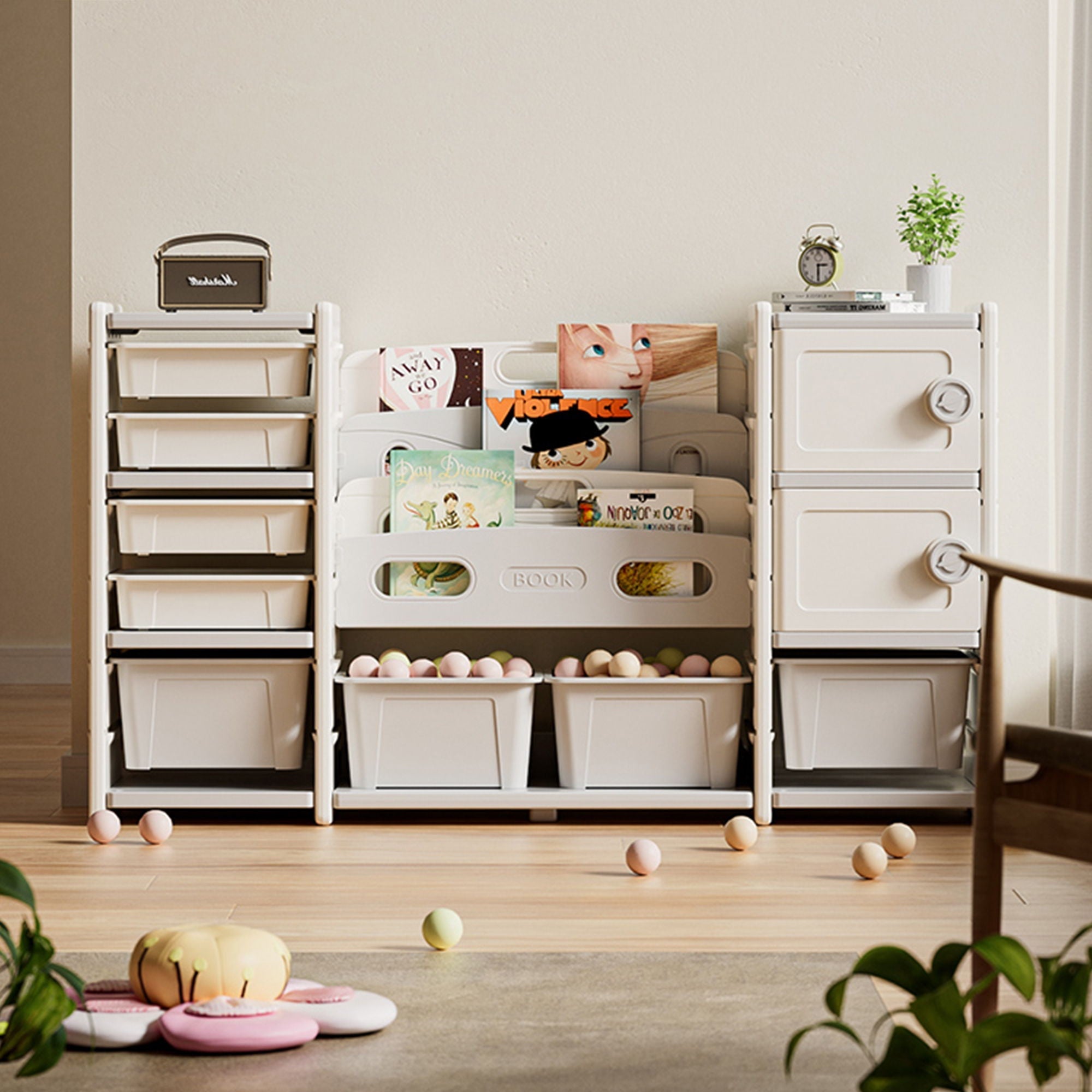 Kids Toy Storage Organizer With 8 Removable Toy Bins, 4 Tier Bookshelf, And 2 Cabinet Storage - Gray / Ivory