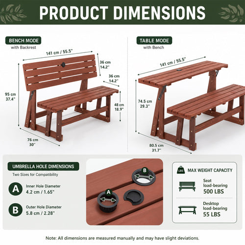 2-in-1 Convertible Bench Picnic Table