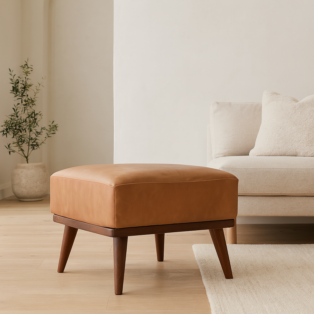 Tan Buffalo Leather Footstool, Upholstered, Nordic Legs