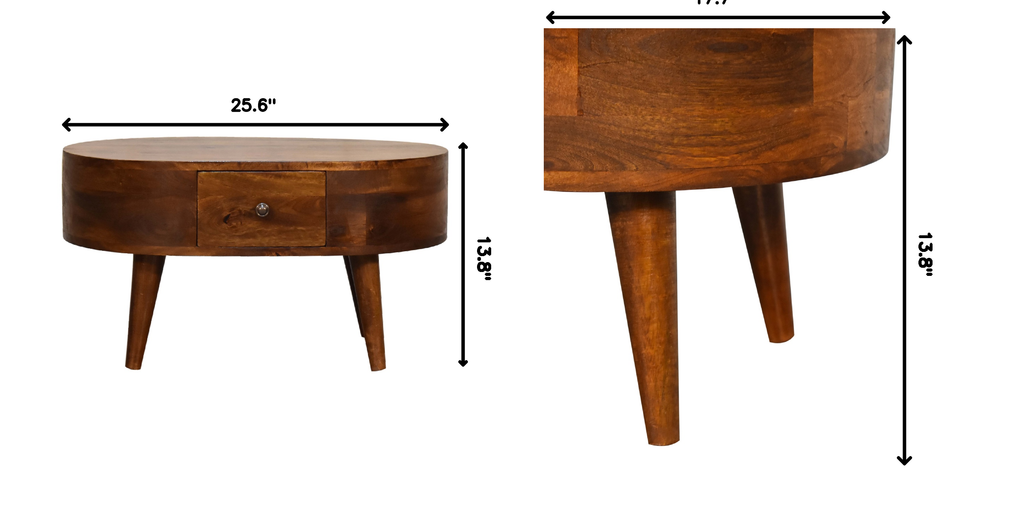 Solid Wood Mini Chestnut Rounded Coffee Table, 2-Drawers