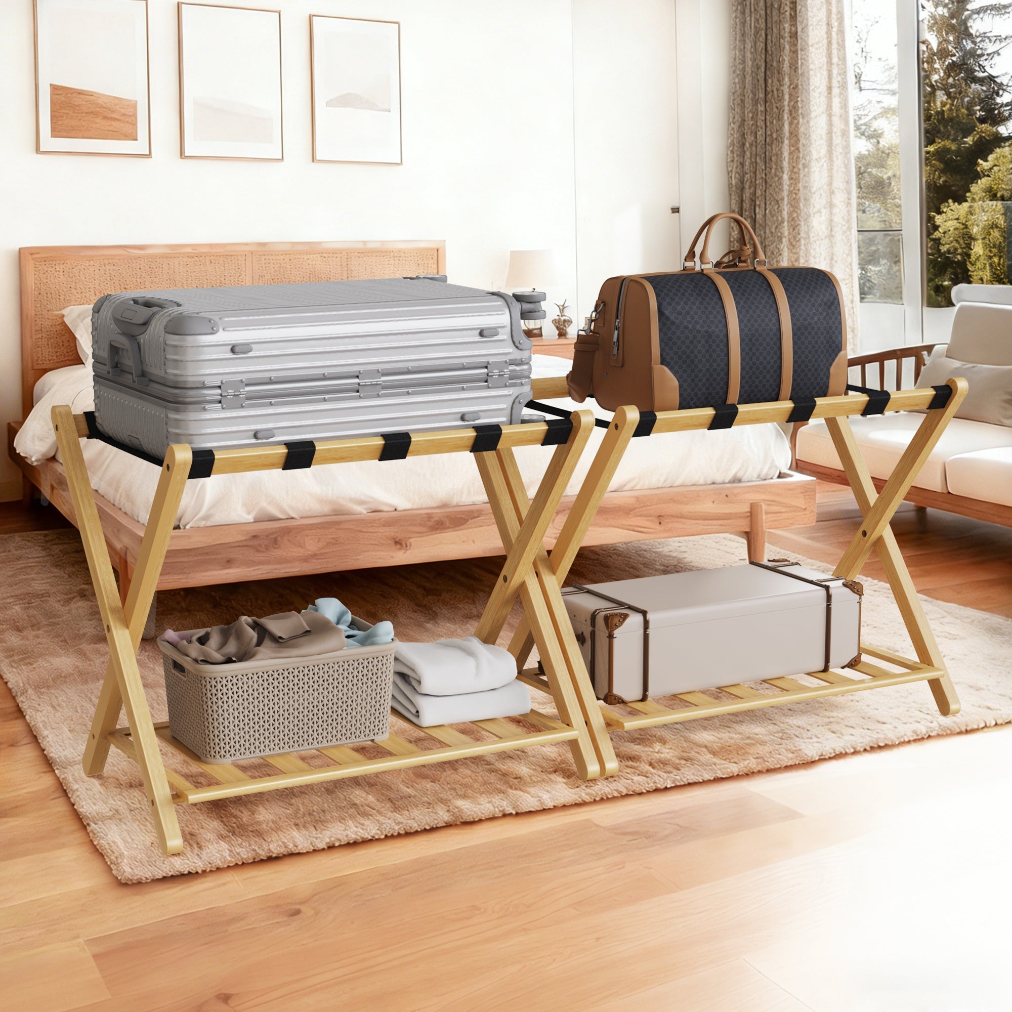 Folding Bamboo Luggage Rack with Lower Storage Shelf
