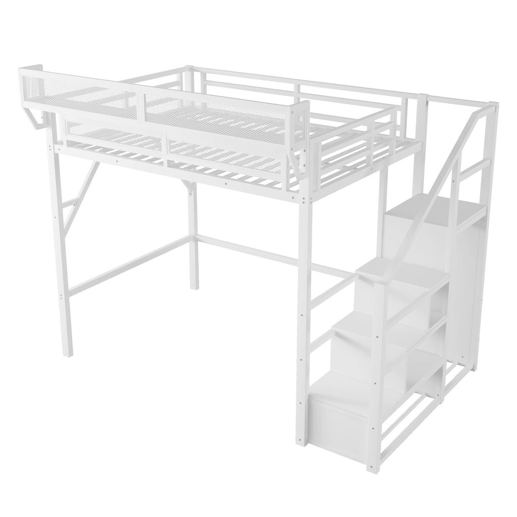 Full Size Loft Bed with Stairs and Storage Shelves
