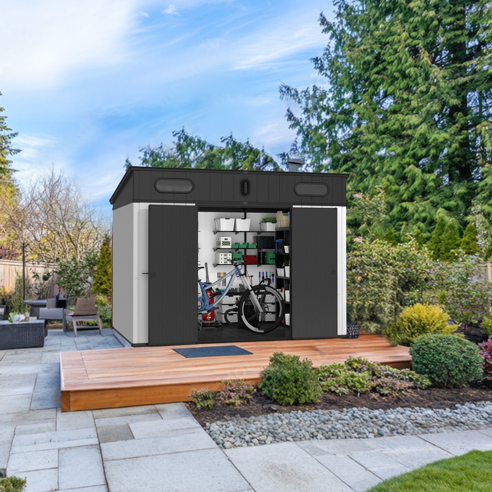 10 Ft. W X 7 Ft. D Plastic Storage Shed With Floor - Black / Gray