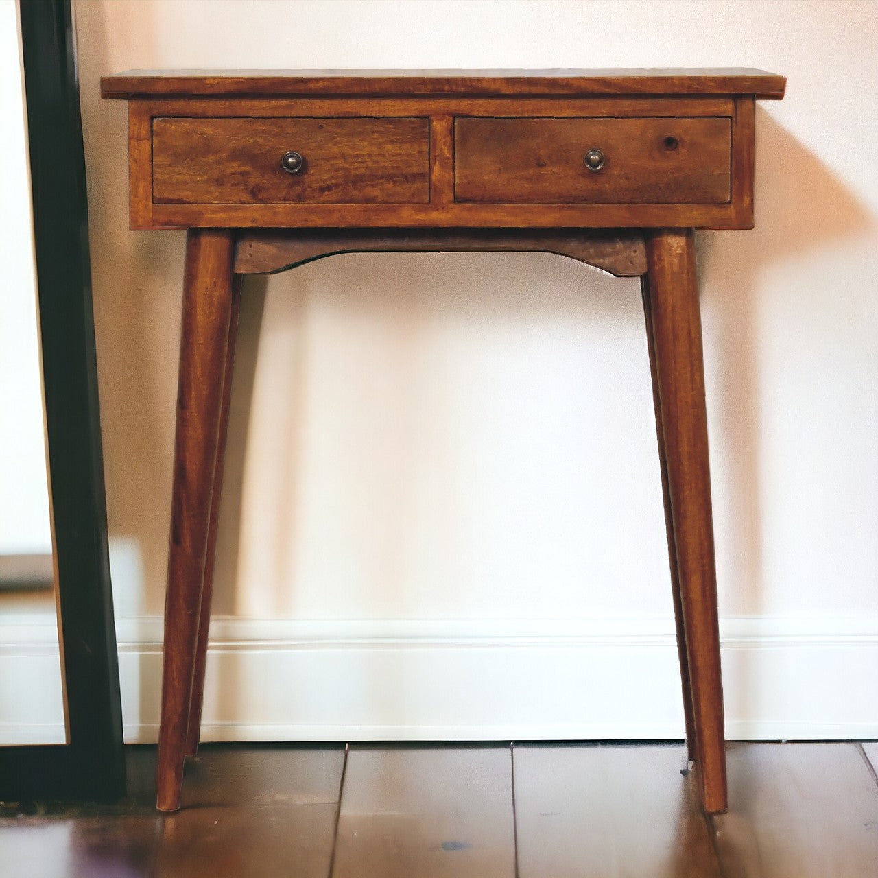 Solid Mango Wood Mini Chestnut Hallway Console with 2 Drawers