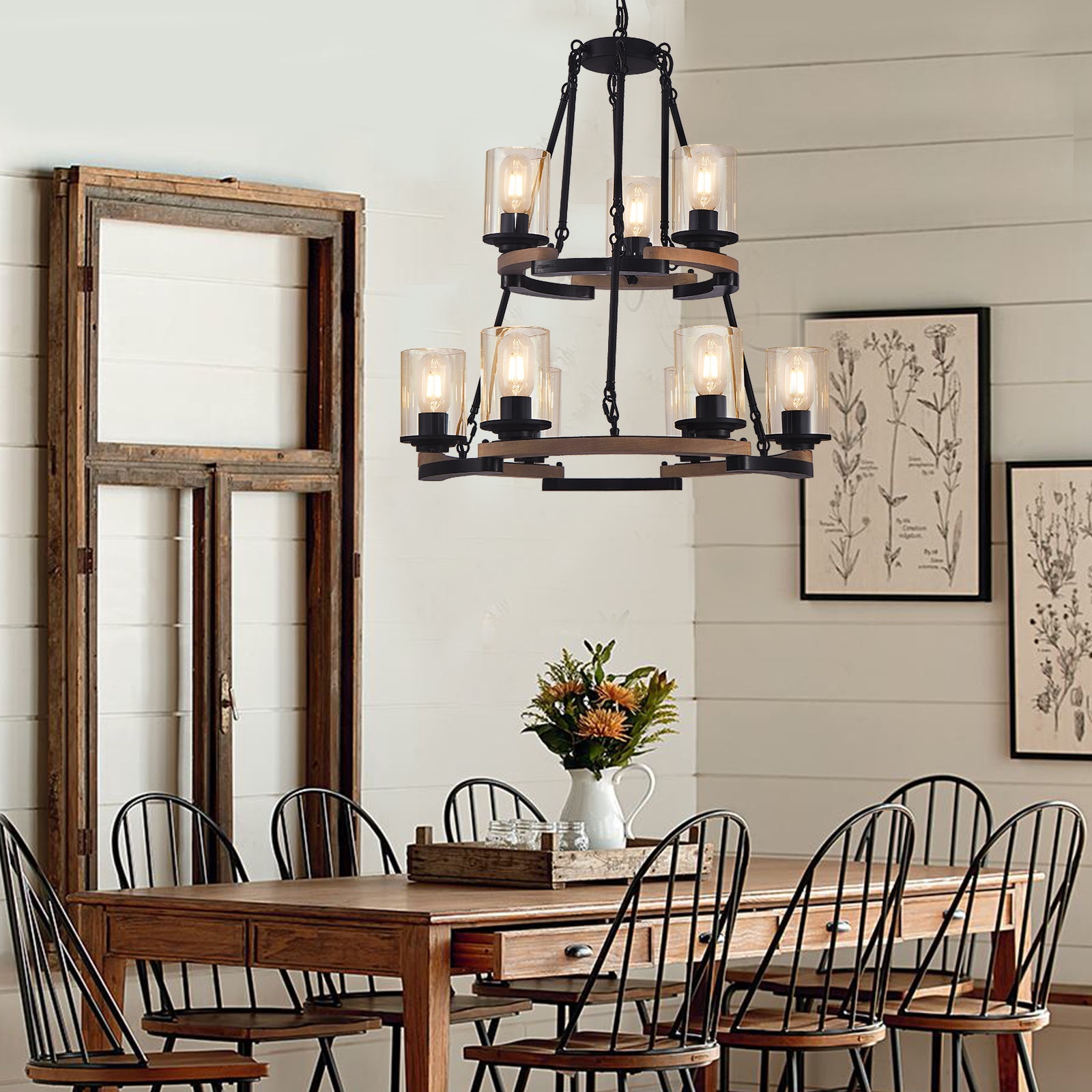 9-Light Vintage Wagon Wheel Chandelier