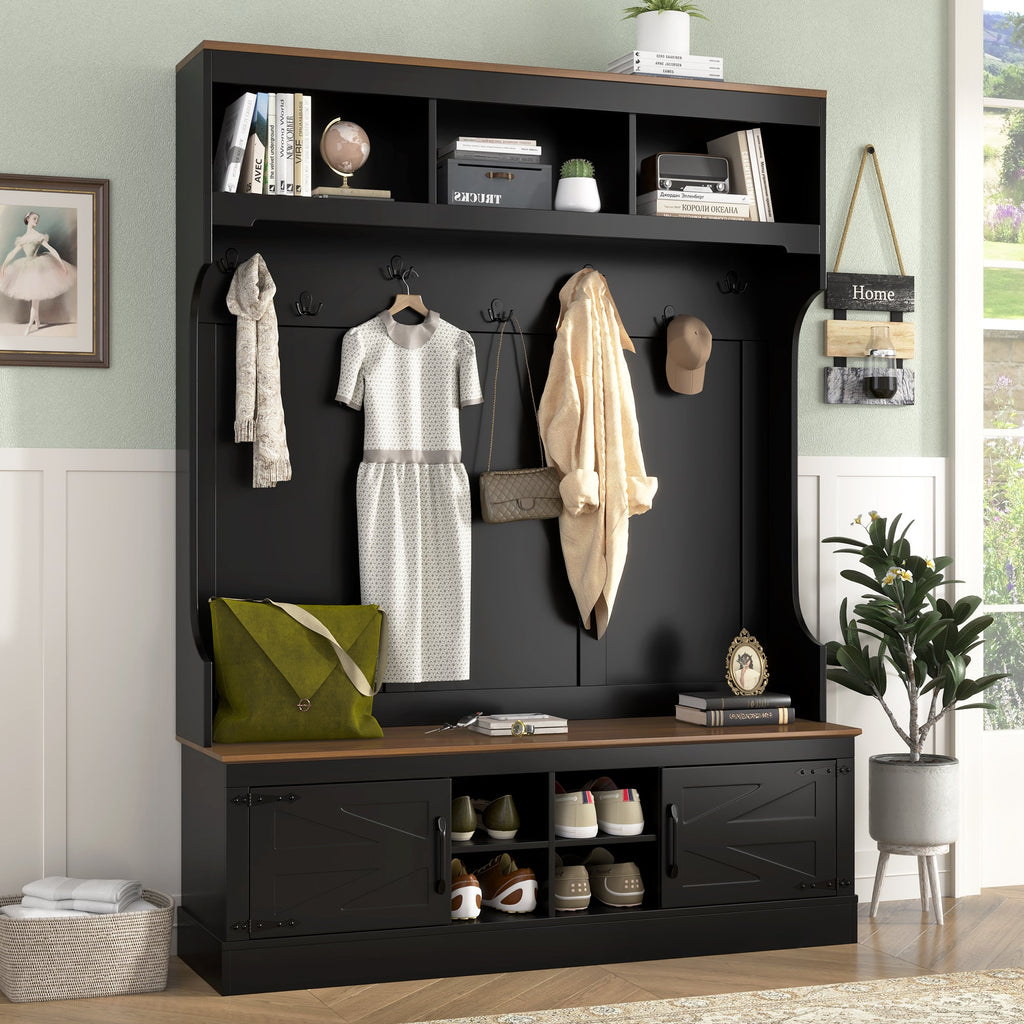 Vibe Haus 71''H Farmhouse Hall Tree with Bench and Shoe Storage