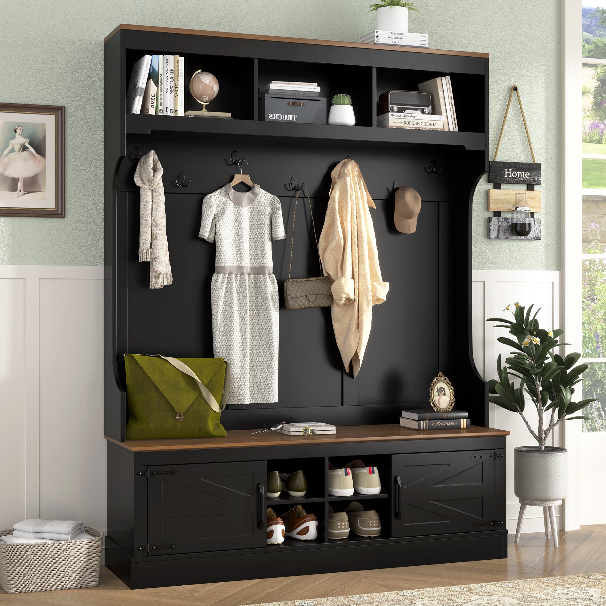 Vibe Haus 71''H Farmhouse Hall Tree with Bench and Shoe Storage