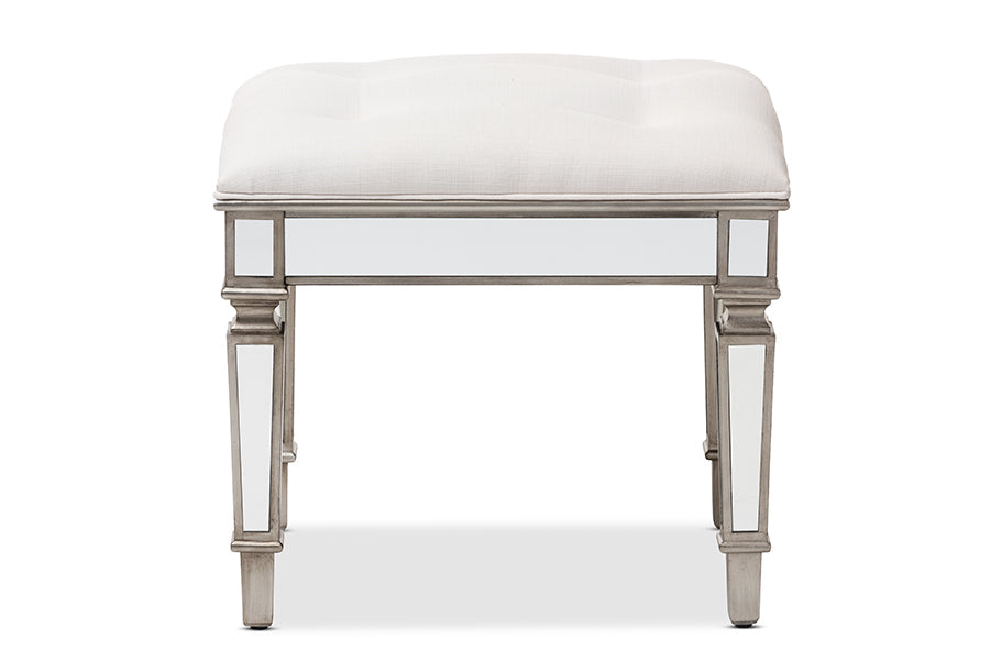 Baxton Studio Marielle Hollywood Regency Glamour Style Off White Fabric Upholstered Mirrored Ottoman Vanity Bench