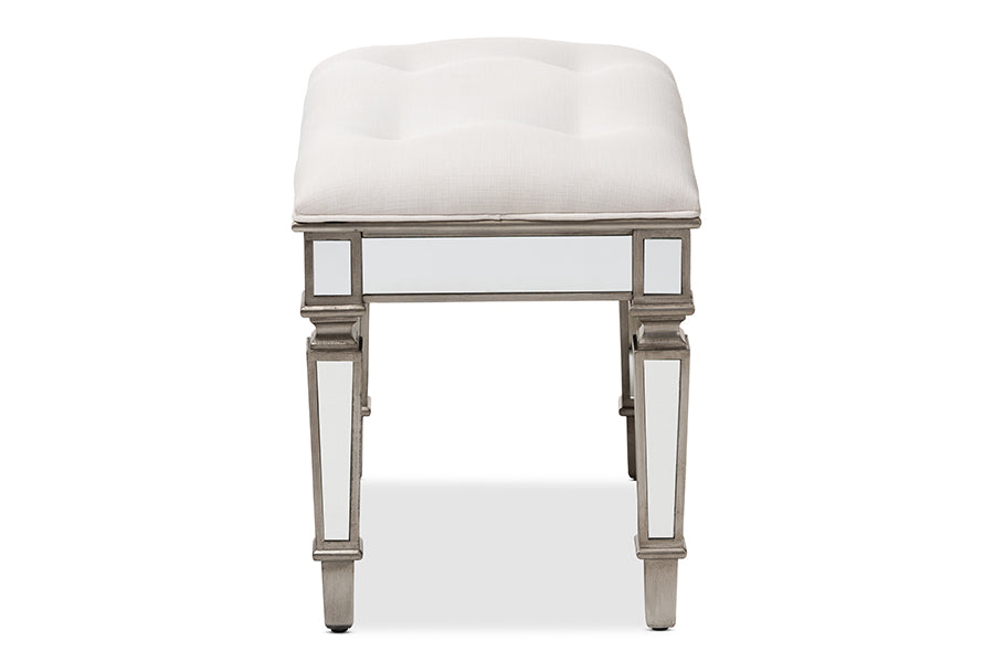 Baxton Studio Marielle Hollywood Regency Glamour Style Off White Fabric Upholstered Mirrored Ottoman Vanity Bench