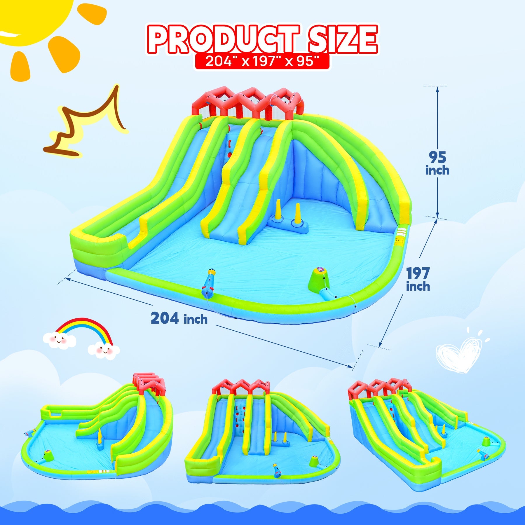 7-in-1 Inflatable Water Park Three Slide with Blower and Climbing Wall for Children