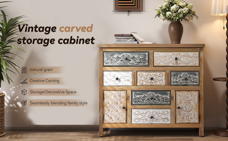 Vintage Wooden Accent Chest with 7 Drawers & 2 Cabinets
