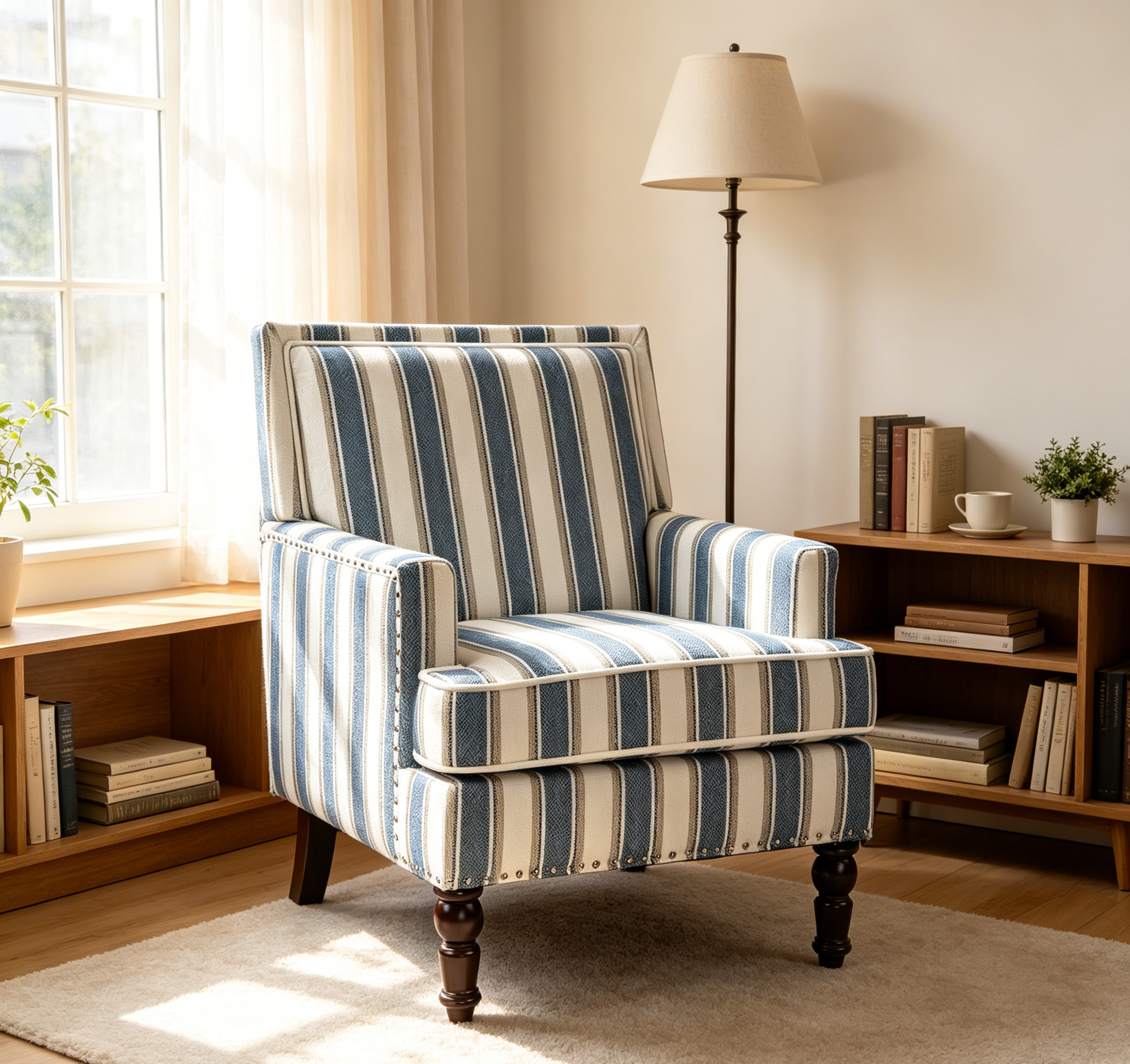 Upholstered Accent Chair, Vintage Armchair with Striped Upholstery