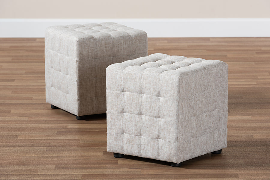 Baxton Studio Elladio Modern and Contemporary Beige Fabric Upholstered Tufted Cube Ottoman Set of 2
