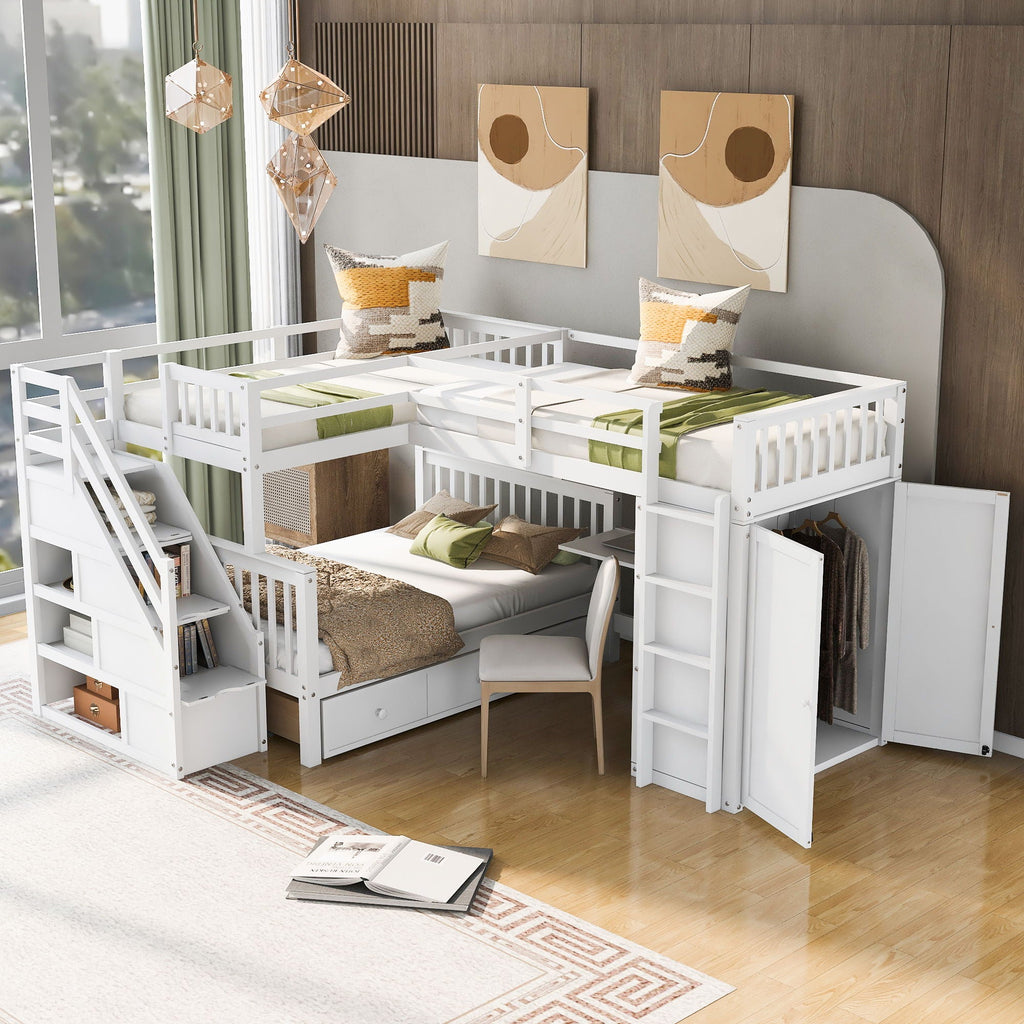 L Shaped Bunk Bed With 3 Drawers, Portable Desk And Wardrobe