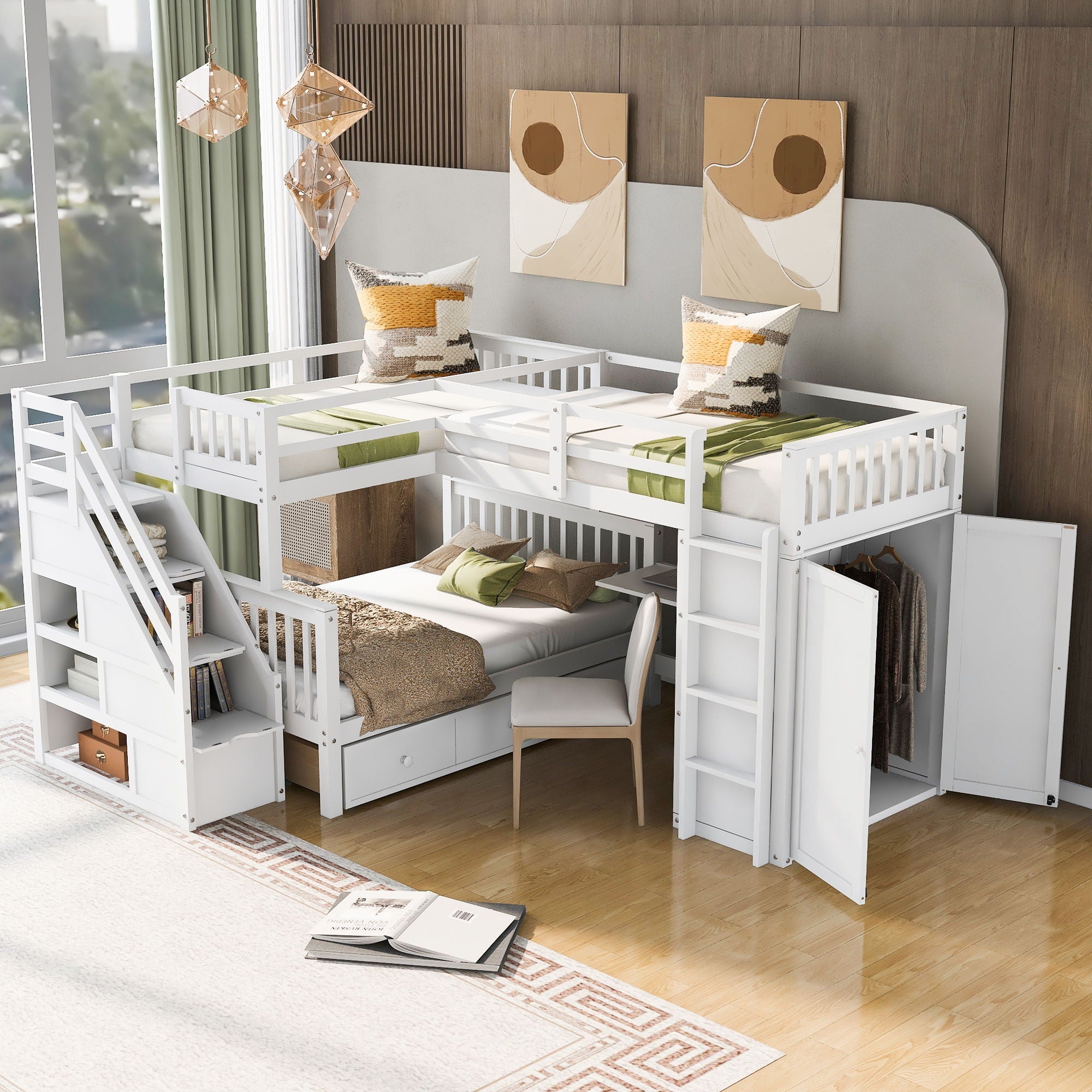 L Shaped Bunk Bed With 3 Drawers, Portable Desk And Wardrobe
