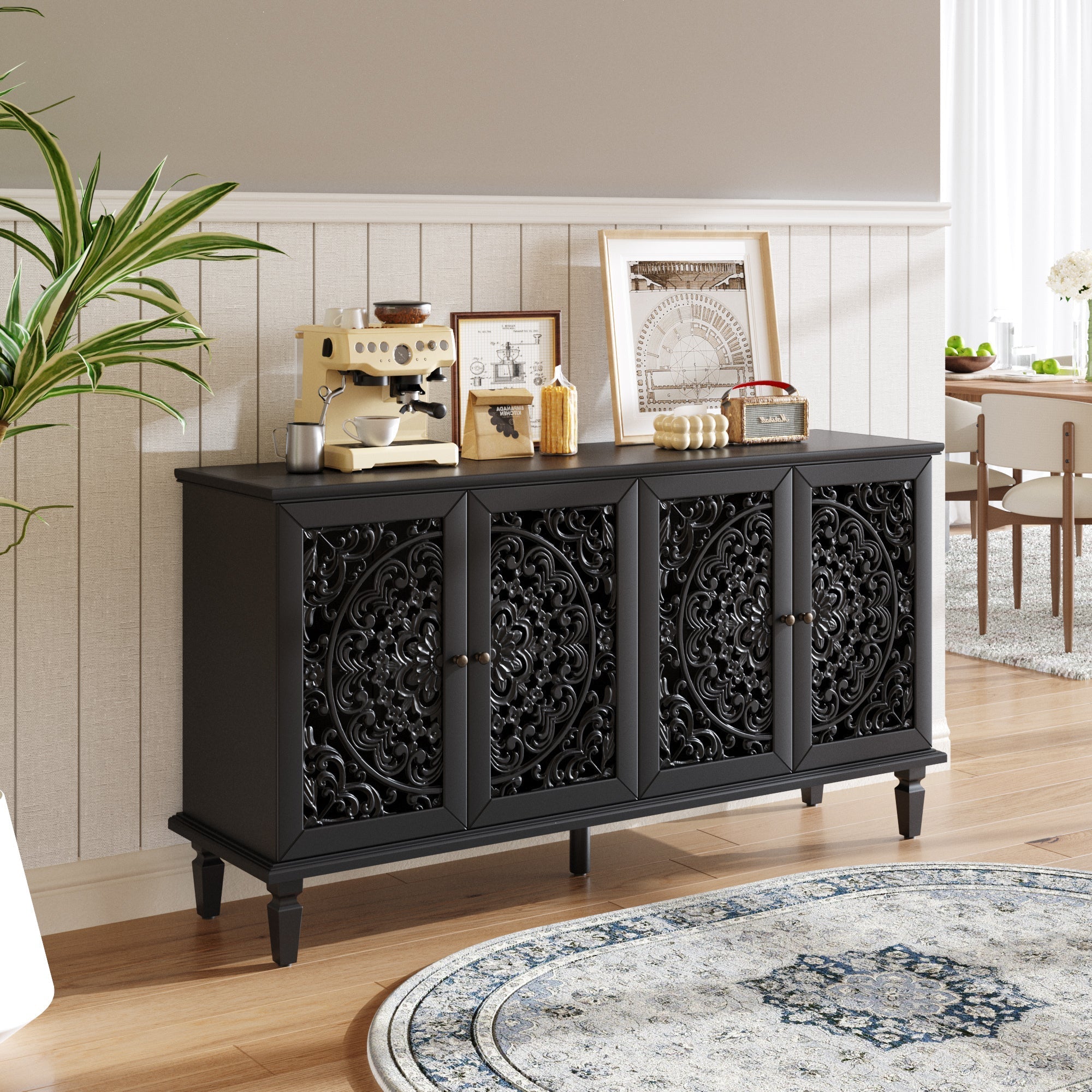 60" Antique Buffet Cabinet with Floral Carvings