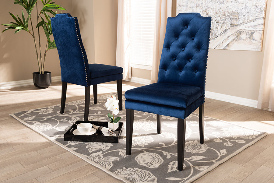 Baxton Studio Dylin Modern and Contemporary Navy Blue Velvet Fabric Upholstered Button Tufted Wood Dining Chair Set of 2