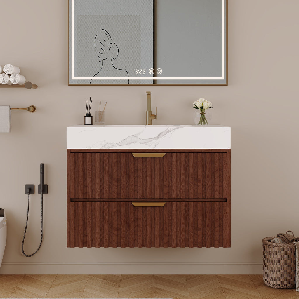 30" Modern Floating Bathroom Vanity with Seamless Sintered Stone Top & Ceramic Basin – 2 Soft-Close Drawers, Wall-Mounted