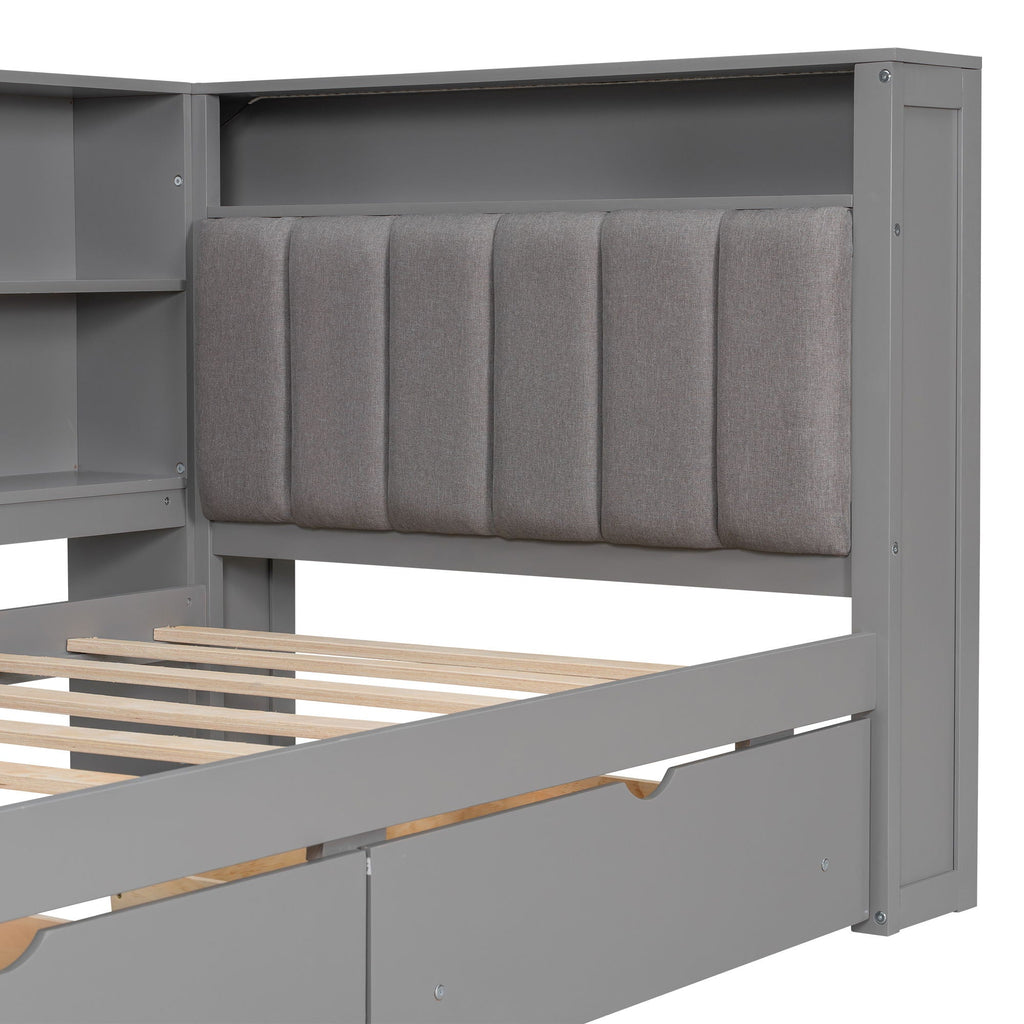 Platform Bed With Upholstered Headboard, Storage Shelves, Drawers, Charging Station, LED Lighting, Built In Desk