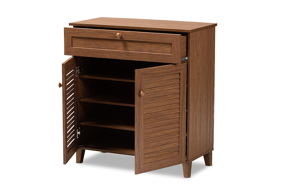 Baxton Studio Coolidge Modern and Contemporary Walnut Finished 4-Shelf Wood Shoe Storage Cabinet with Drawer