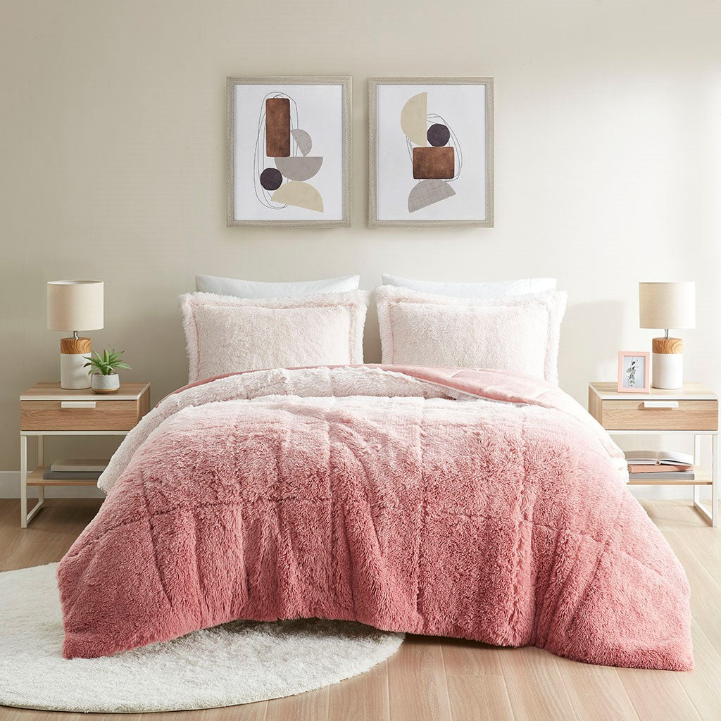 Full/Queen Ombre Shaggy Long Fur Comforter Mini Set