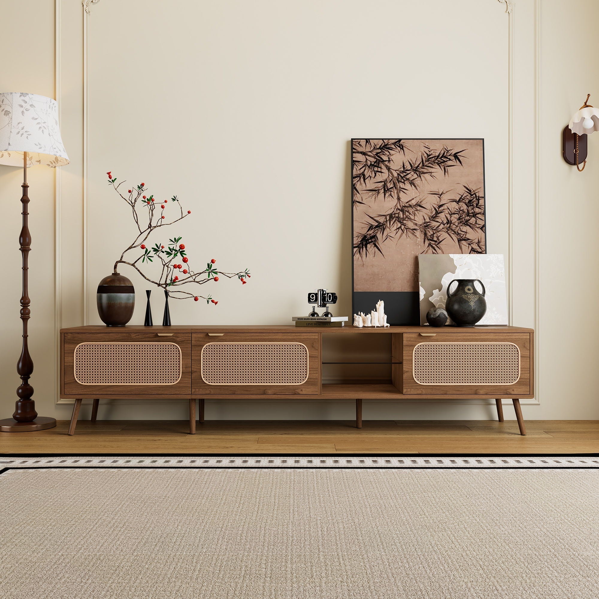 78" TV Stand With Ample Storage And Open Shelving - Walnut