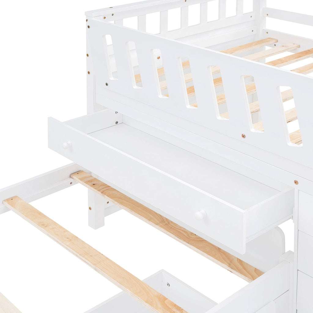 Loft Platform Bed With 7 Drawers And Full Guardrails, Modern L Shaped Space Savin