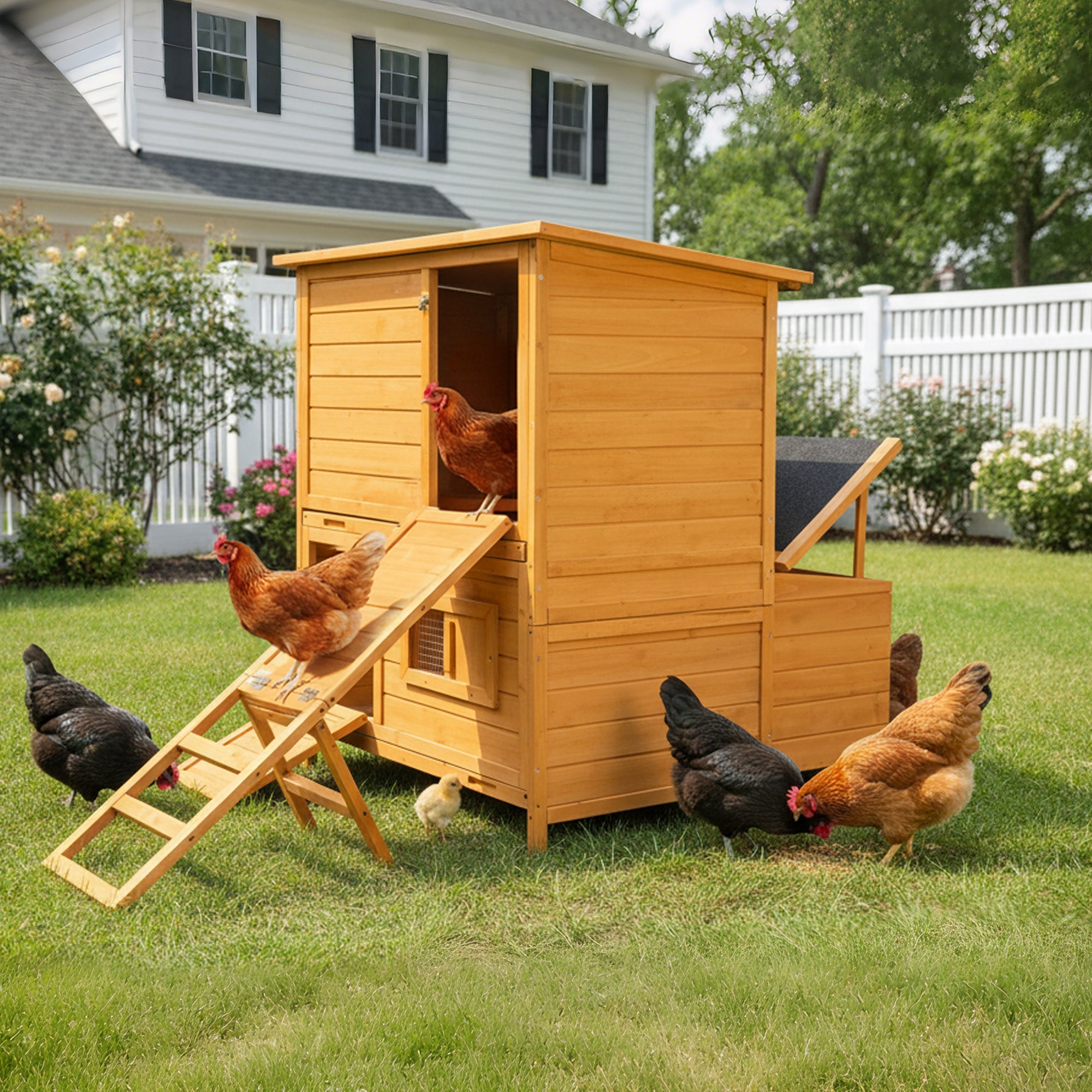 Double-House Wooden Chicken Coop for 6-8 Chickens