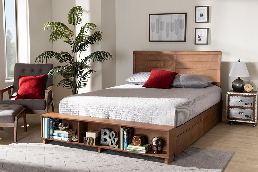 Baxton Studio Alba Modern Transitional Ash Walnut Brown Finished Wood Full Size 4-Drawer Platform Storage Bed with Built-In Shelves