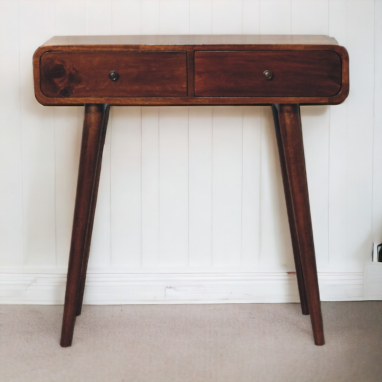 Solid Wood Chestnut Curved Hallway Table, 2-Drawers, Nordic Legs