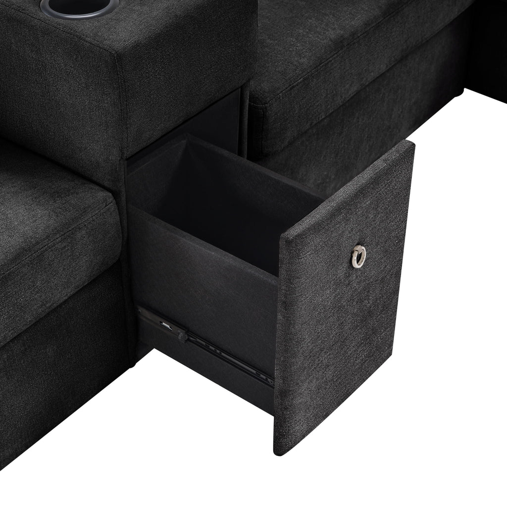 Modular 5 Seat U-Shape Sectional Sofa With Chaise Lounge, Built In Cup Holders And Storage Drawer