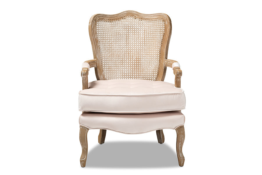 Baxton Studio Vallea Traditional French Provincial Light Beige Velvet Fabric Upholstered White-Washed Oak Wood Armchair