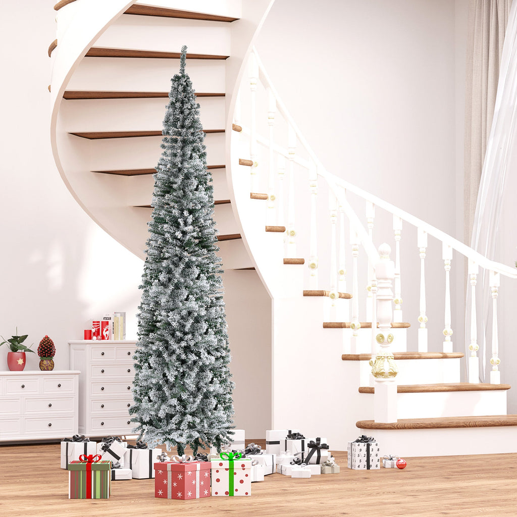 HOMCOM 9' Tall Unlit Snow-Flocked Slim Artificial Christmas Tree