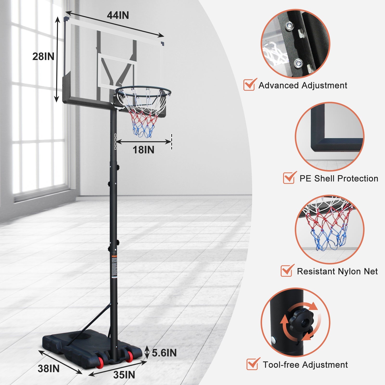 Basketball Hoop with 5.73-10FT Adjustable Height