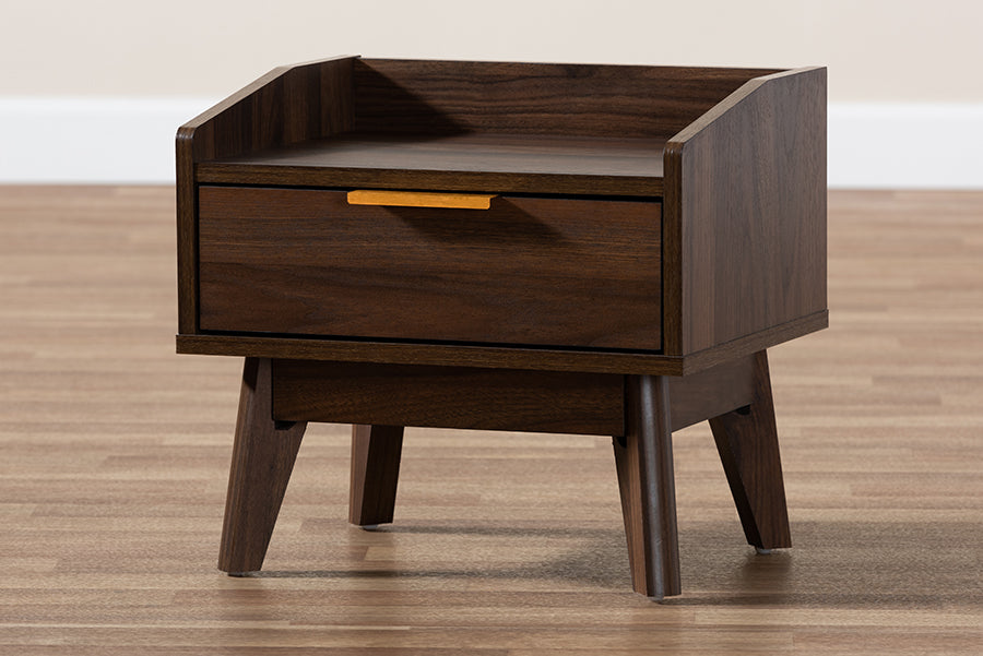 Baxton Studio Lena Mid-Century Modern Walnut Brown Finished 1-Drawer Wood Nightstand