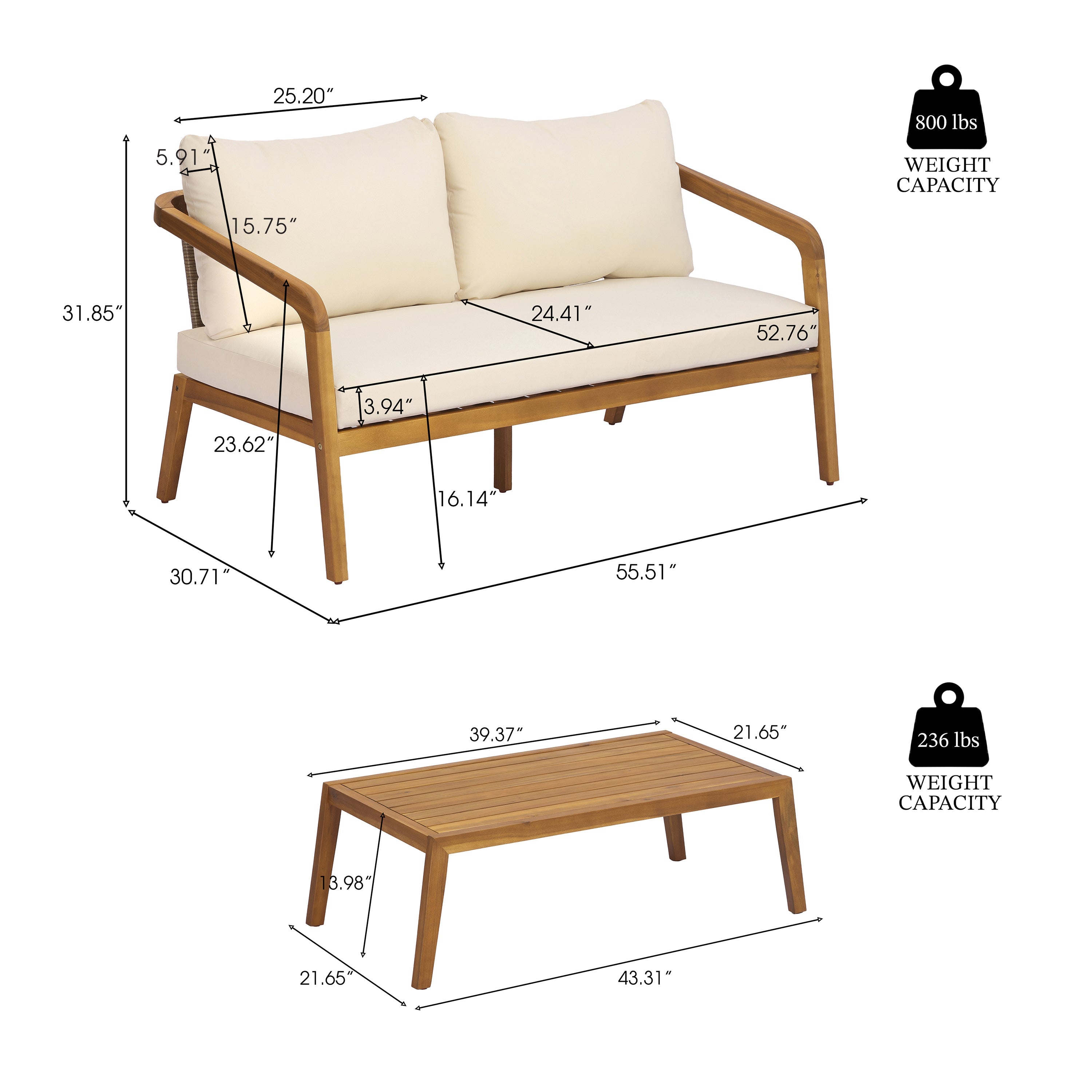2-Piece Outdoor Loveseat & Coffee Table Set Acacia Wood Frame with PE Wicker Back & Water-Resistant Cushions
