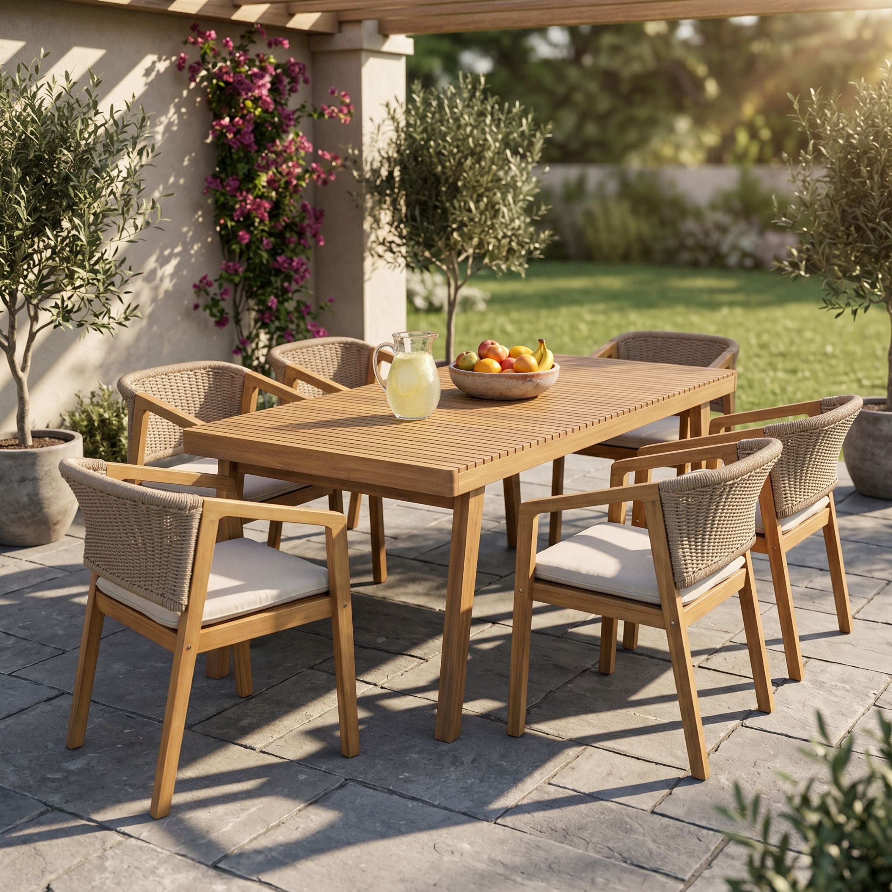 7-Piece Outdoor Acacia Wood Dining Set, 69" Rectangular Patio Table & 6 Mix