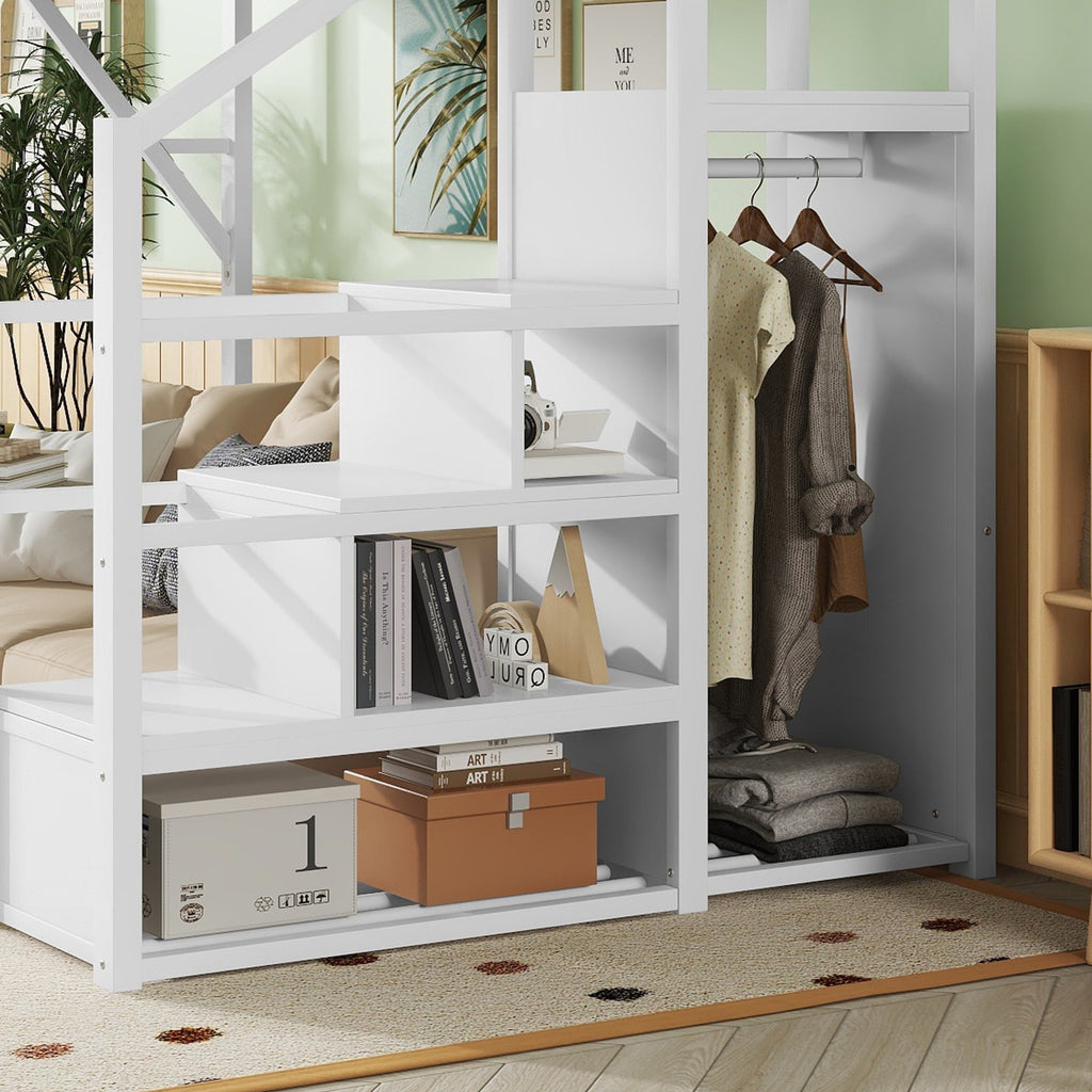 Full Size Loft Bed with Stairs and Storage Shelves