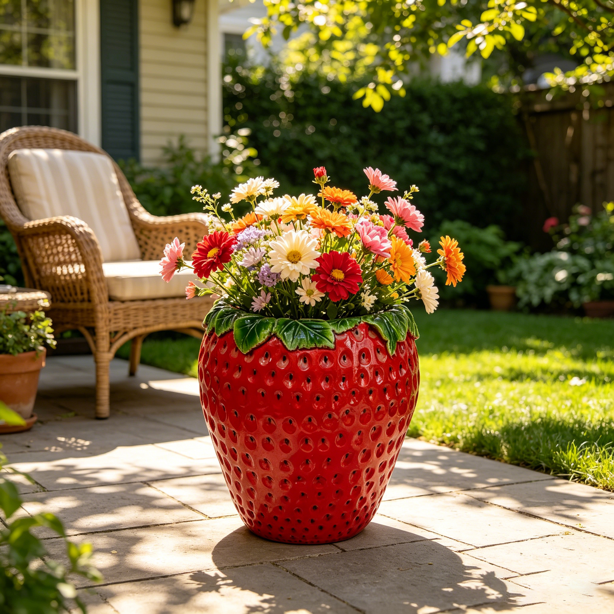 15'' tall Strawberry Shaped Planter Pot, Cute Fruit Decorative Flower Vase, Weather Resistant Outdoor Garden Planter for Patio Porch Yard Lawn Entryway Home Tabletop Decor