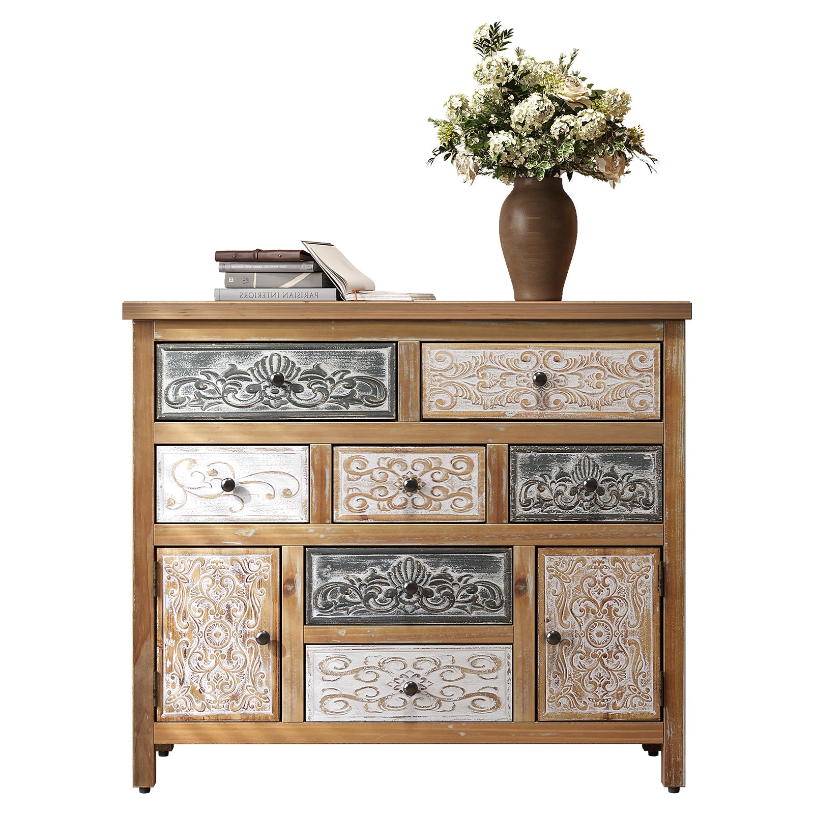 Vintage Wooden Accent Chest with 7 Drawers & 2 Cabinets
