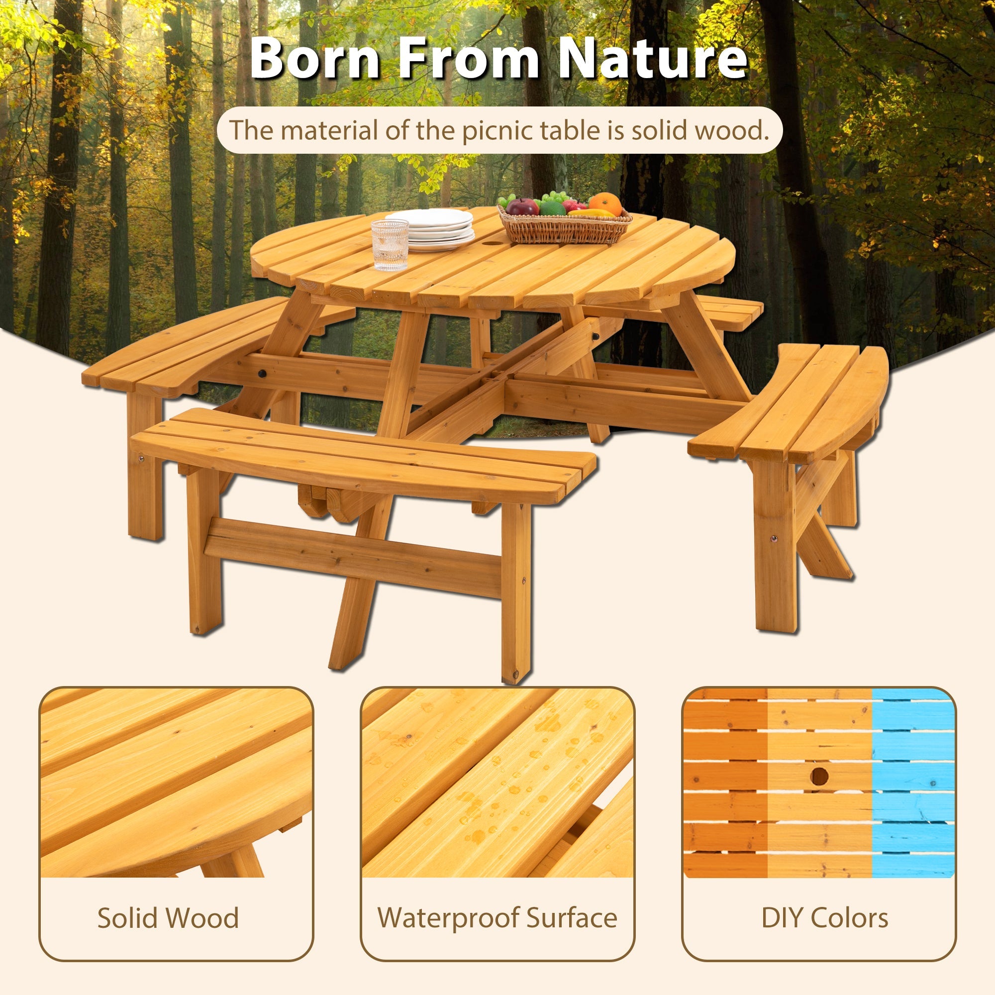 8 Person Wooden Picnic Table with Built-in Benches