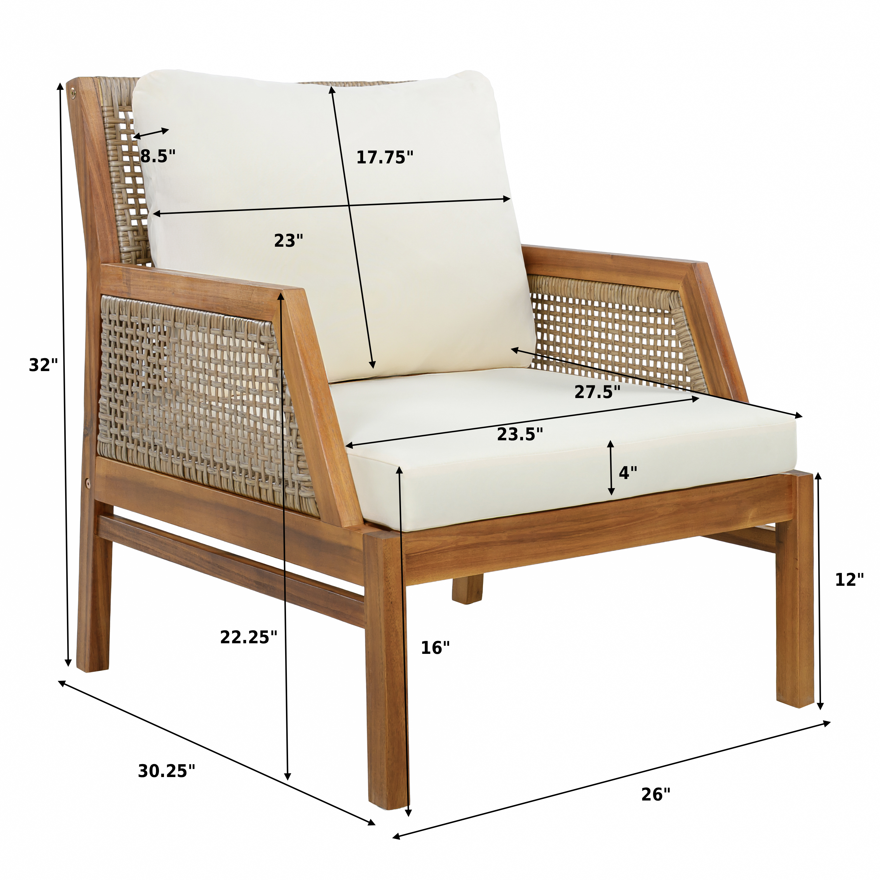 Acacia Wood Patio Furniture Club Chair with Outdoor Wicker