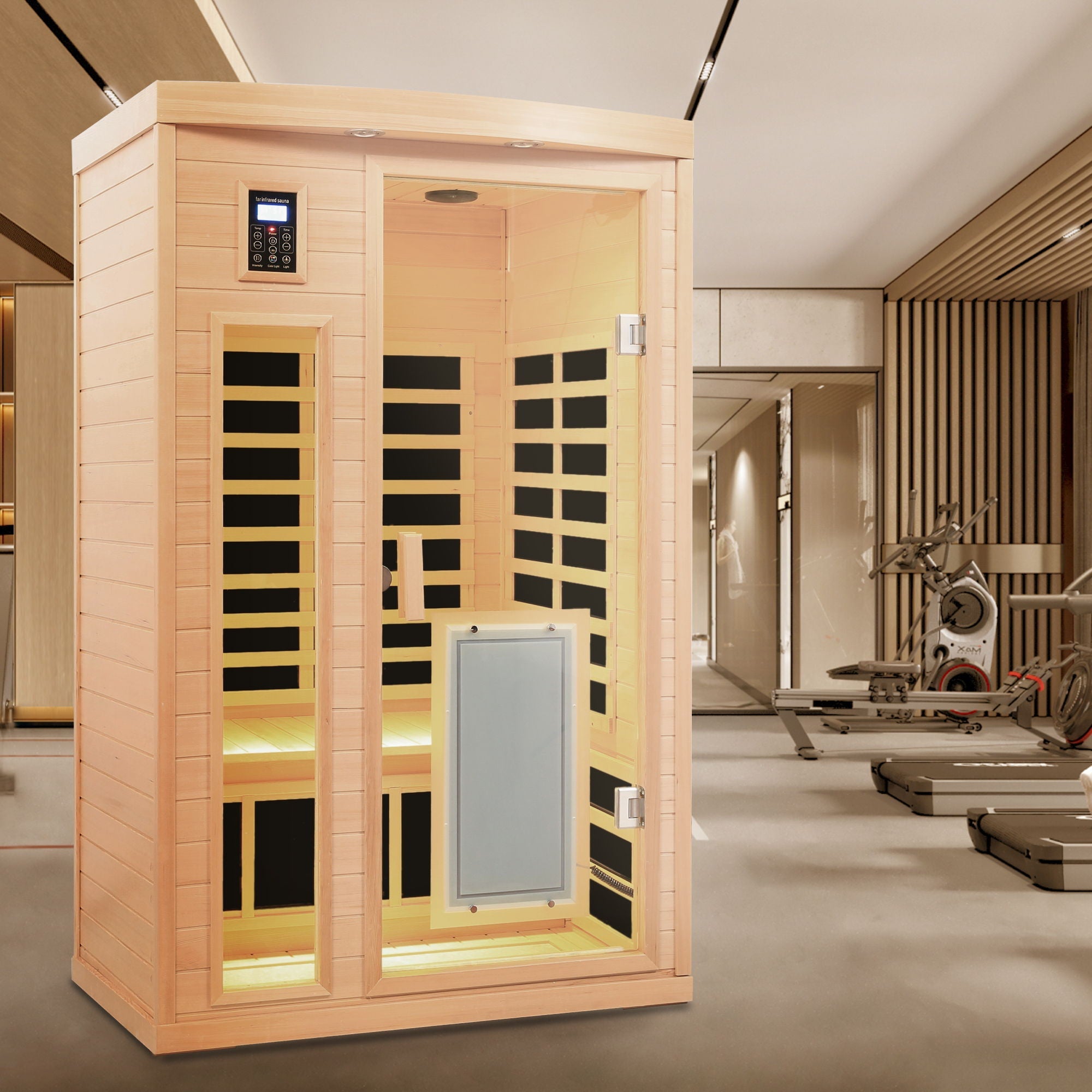 Low Emf Front Door With Heating Panel 2 Person Hemlock Far Infrared Indoor Suana Room - Natural