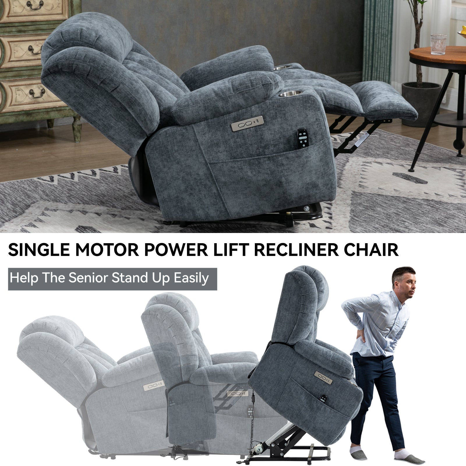 Chenille Power Lift Recliner Chair with Massage & Heating